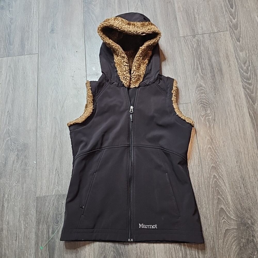 Marmot Hooded Vest Faux Fur Black Women’s M Soft Shell A85030 Full Zip